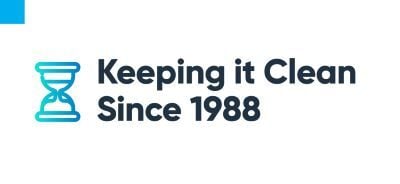 Icon of an hourglass, text reads "Keeping it Clean Since 1988"