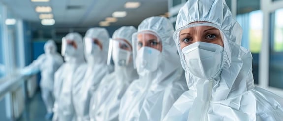 A group of operator wearing full suit cleanroom apparels