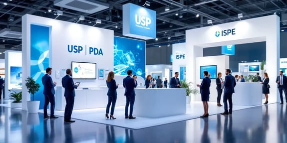 Professionals at a pharmaceutical trade show booth with USP, PDA, and ISPE logos, highlighting cleanroom standards and education.
