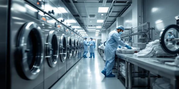 Technicians in full cleanroom garments work in a modern, sterile laundry facility, processing and inspecting launderable cleanroom apparel beside large industrial washing machines and organized stacks of folded garments.