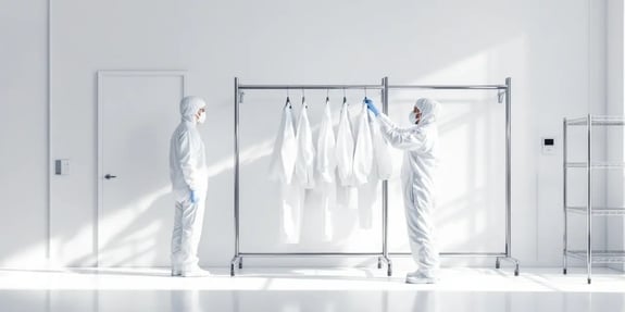 Two technicians in full cleanroom bunny suits and masks stand in a spotless gowning room. One selects a coverall from a stainless steel rack; the other observes. The room has stainless steel shelving, white walls, a clean floor, an access panel, and a wall outlet.