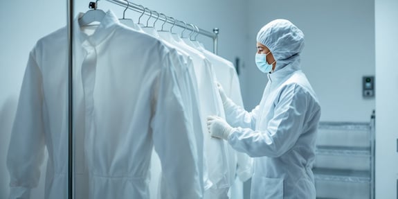 A cleanroom technician wearing full sterile attire selects a white coverall from a stainless steel garment rack in a brightly lit gowning room.