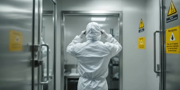 A cleanroom technician, seen from behind, adjusts their hood while preparing to enter a controlled environment through a stainless steel gowning room doorway with safety signage on the walls.