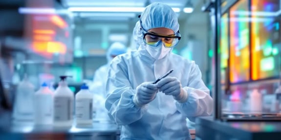 A cleanroom operator wearing full-body sterile garments, goggles, and a mask inspects a precision tool under bright, multi-colored ambient lighting in a sterile lab environment. Bottles of cleaning solutions are visible in the foreground.