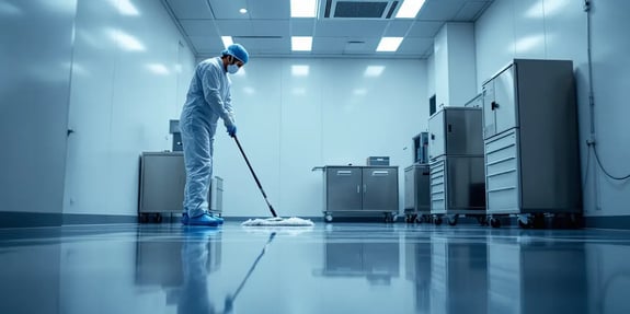 A cleanroom technician in full sterile garments mops a glossy epoxy floor inside a controlled environment. Stainless steel storage cabinets line the background, with seamless wall panels and a HEPA-filtered ceiling overhead.