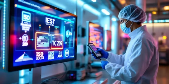 Technician calibrating equipment inside an ISO-certified cleanroom with logos of IEST, ICCCS, ISO/TC 209, and ANSI displayed on digital monitors.