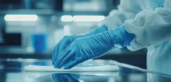 A cleanroom technician wearing blue nitrile gloves and a protective gown carefully wipes a highly reflective stainless steel surface with a white cleanroom wipe, highlighting precision cleaning in a controlled, sterile environment.
