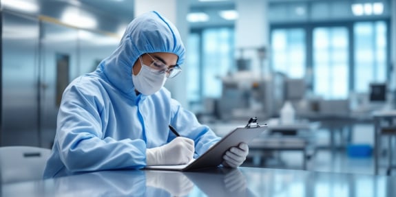 A cleanroom technician in full blue sterile garments, safety goggles, and a face mask writes on a clipboard inside a controlled environment with stainless steel surfaces.