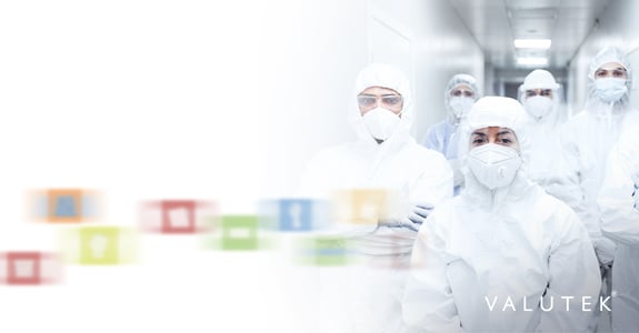 A group of cleanroom operators in full sterile gowns, masks, and head covers, standing inside a brightly lit cleanroom hallway. The image is overlaid with the title “Cleanroom Protocol: Gown Room Procedures