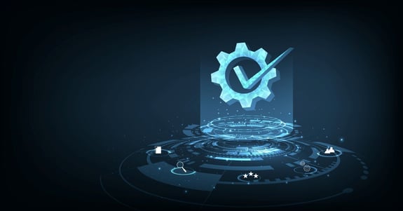 Futuristic digital interface with a glowing gear and checkmark icon hovering above a circular holographic platform, surrounded by various small technology and user-related icons on a dark blue background